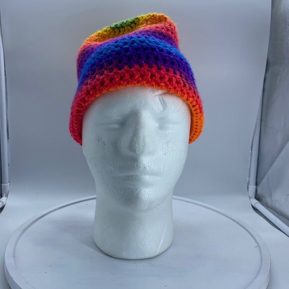 Handmade Ombre Rainbow Knit Crochet Beanie Hat Stocking Cap Toque Toboggan Adult - Picture 1 of 3